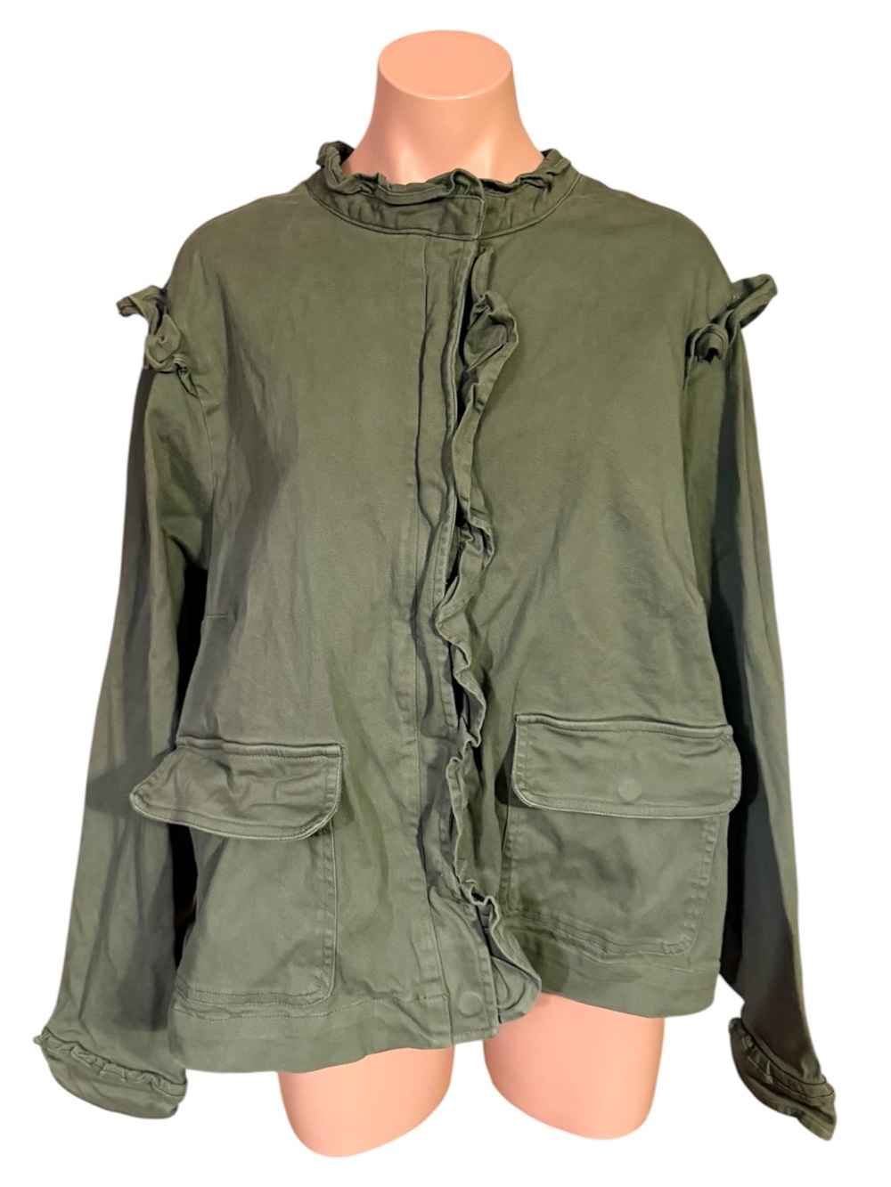 Torrid Womens Plus 3X Green Ruffle Utility Jacket Lightweight Twill Coat